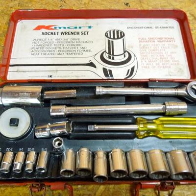 Lot 200: Two Storage Tool Boxes with Router Bits and Socket Wrench Set