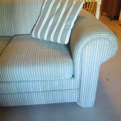 Lot 155:  Grey Polo Stripe Cloth Roll Arm Love Seat with Pillows