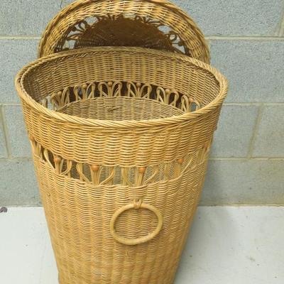 Lot 167: Beaded Rattan Wicker Laundry Basket With Lid
