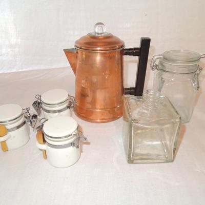 Lot 74: Lot of Mini Kitchen Storage and Copper Coffee Pot