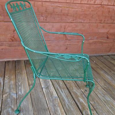 Lot 57: Round Green Metal Mesh Patio Table, 4 Armchairs and Umbrella