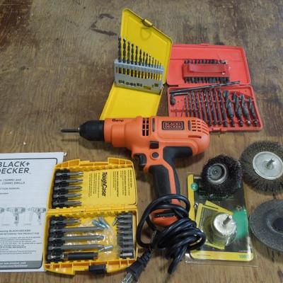 Lot 196: Black and Decker Drill DR340, Lots of Bits, Wire Brushes and Cases