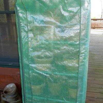Lot 56: Covered Garden Greenhouse Planting Cart with Clay Pots
