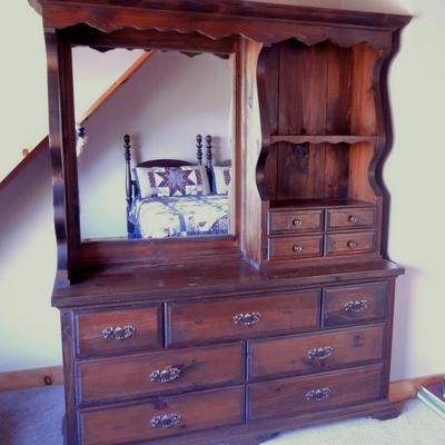 Lot 2: Dark Pine Serpentine Dresser with Mirror