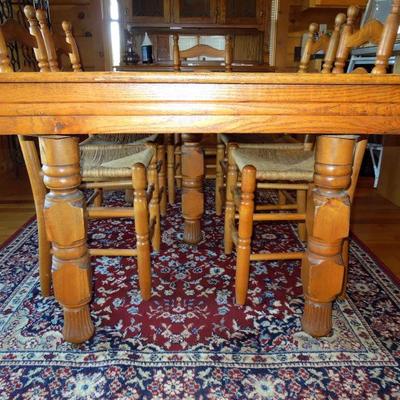 Lot 42: Antique Oak Dining Table with 6 Ladder Back Rushed Seat Chairs