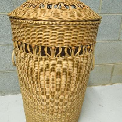 Lot 167: Beaded Rattan Wicker Laundry Basket With Lid