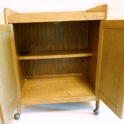 Lot 146: Wooden Rolling Microwave or Media Cart with Storage