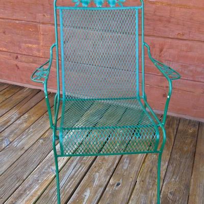 Lot 57: Round Green Metal Mesh Patio Table, 4 Armchairs and Umbrella
