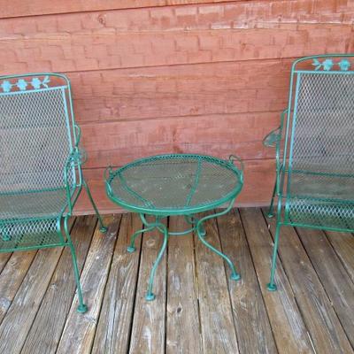 Lot 58: 25" Diameter Patio Side Table and Two Metal Armchairs