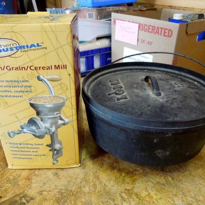 Lot 204: Lodge Cast Iron Camping Dutch Oven and Metal Corn Mill