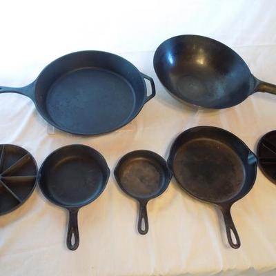 Lot 96: Six Cast Iron Skillets 15" - 6"  and 14" Wok