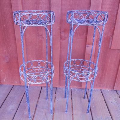Lot 35: Pair of Round Scrolled Iron Two Tier Standing Planters 