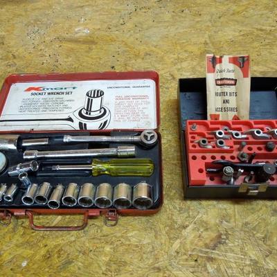 Lot 200: Two Storage Tool Boxes with Router Bits and Socket Wrench Set