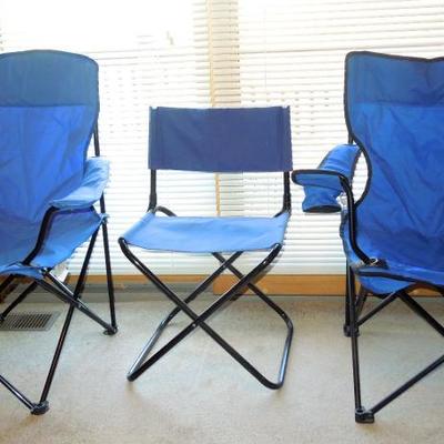 Lot 113: Three Folding Nylon Camp Chairs and Umbrella