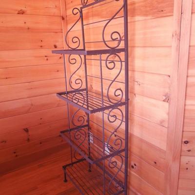 Lot 27: Four Shelf Rusted Look Scrolled Iron Plant Stand or Bakers Rack