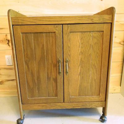 Lot 146: Wooden Rolling Microwave or Media Cart with Storage