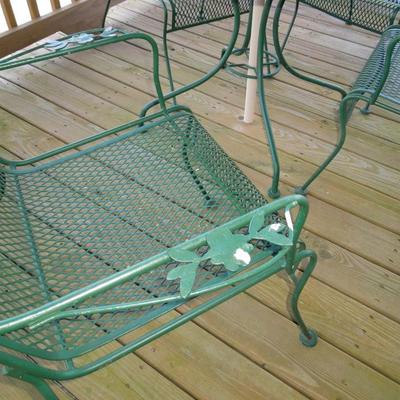 Lot 57: Round Green Metal Mesh Patio Table, 4 Armchairs and Umbrella