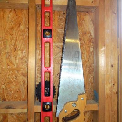 Lot 213: Three Wood Handled Handsaws and a 48" Level