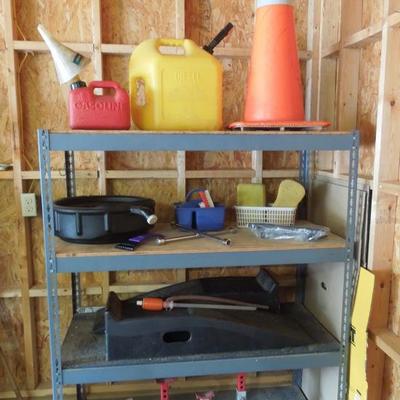 Lot 203: Three Shelf Metal Frame Storage Unit with Automotive Supplies