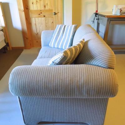 Lot 155:  Grey Polo Stripe Cloth Roll Arm Love Seat with Pillows