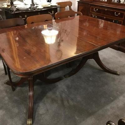 Lot 22-Banded Mahogany Duncan Phyfe Double Pedestal Dining Table Banquet Size
