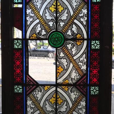 Lot 127-Antique Victorian Gothic Revival Stenciled Stained Glass Panel
