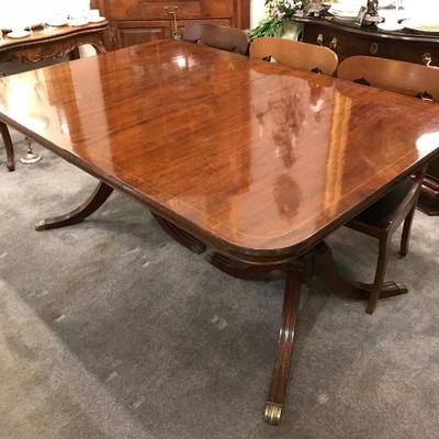 Lot 22-Banded Mahogany Duncan Phyfe Double Pedestal Dining Table Banquet Size