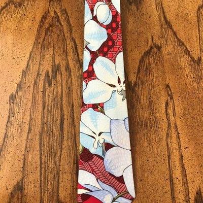 Lot 44-Hermes Paris Necktie Red with Caned Background and White Orchids