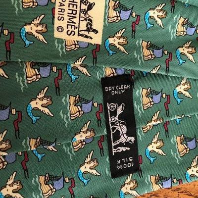 Lot 52-Hermes Paris Necktie Green with Tall Mast Boats and Mermaids
