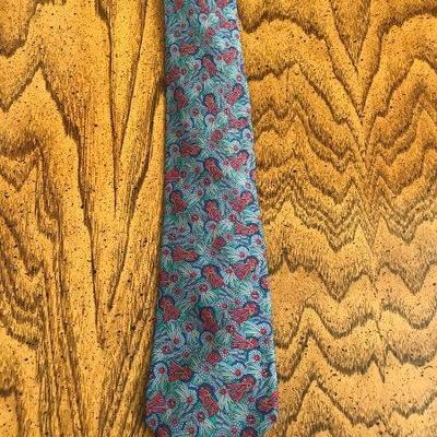 Lot 40-Hermes Paris Necktie Green with Navy, Tan, and Red Award Ribbons
