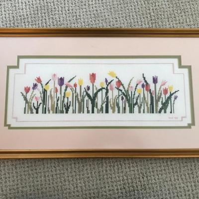 Lot 376-Framed Counted Cross Stitch Piece of Tulips