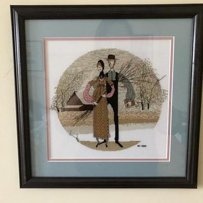 Lot 356-Framed Counted Cross Stitch Piece of P Buckley Moss- The Engagement