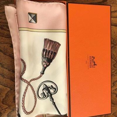 Lot 58-Hermes Paris Scarf in Box- Les Cles (The Keys) in Pink