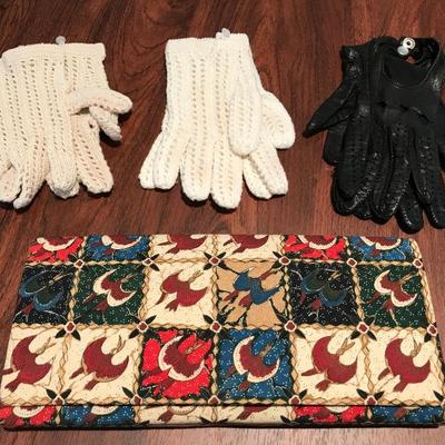 Lot 385-Vintage Multicolor Cotton Clutch Purse with 3 Pairs of Ladies' Gloves