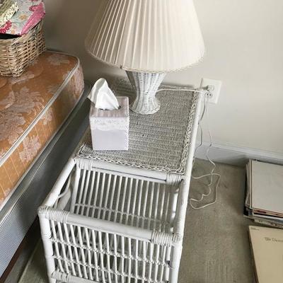 Lot 157-White Wicker Magazine Table or Breakfast in Bed Tray with Lamp