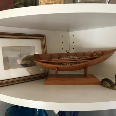 Lot 4-Office Shelf Lot- Model Boat by Nelson Plaisanc and Boat Print