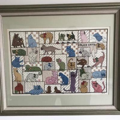 Lot 160-Framed Cross Stitch Piece- Calico Cats