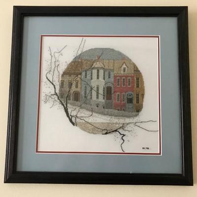 Lot 358-Framed Counted Cross Stitch Piece of P Buckley Moss- Grandpa's House