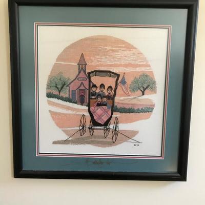 Lot 158-Signed P Buckely Moss Counted Cross Stitch- The School Bus