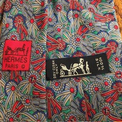 Lot 40-Hermes Paris Necktie Green with Navy, Tan, and Red Award Ribbons