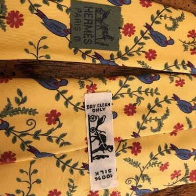 Lot 54-Hermes Paris Necktie Yellow with Blue Birds and Vines with Red Flowers