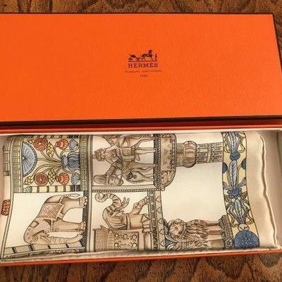 Lot 60-Hermes Paris Scarf in Box- Elephant and Pheasant in Cream