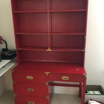 Lot 73-Mid-Century Modern Red Campaign Style Desk with Bookcase Top