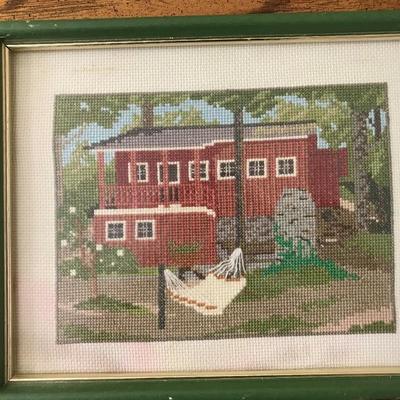 Lot 301-Lot of 3 Framed Counted Cross Stitch Pieces in Camping Motifs