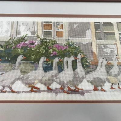 Lot 378-Framed Counted Cross Stitch Piece of White Geese