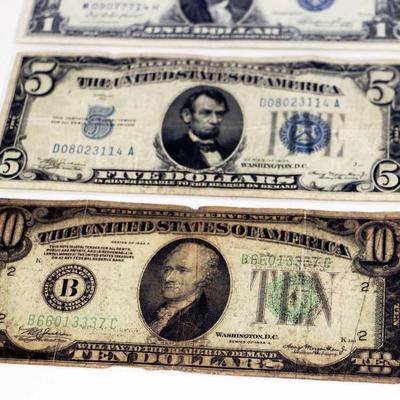 Old US Currency Lot - 1934 $10 + 1934 $5 + 1935 $1 Silver Certificates #501-24
