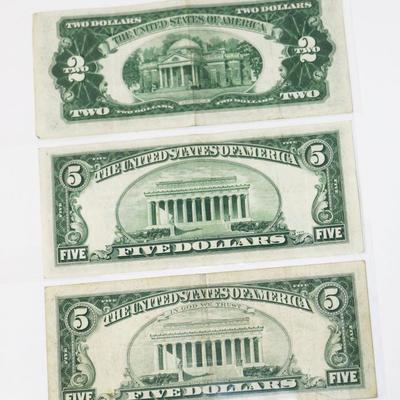 1953 $5 Silver Certificate Note + 1963 Red Seal $5 Note + 1963 $2 Note #501-23