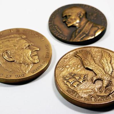 3 Solid Bronze Medallions - Eisenhower Reagan & Birth of the US Navy