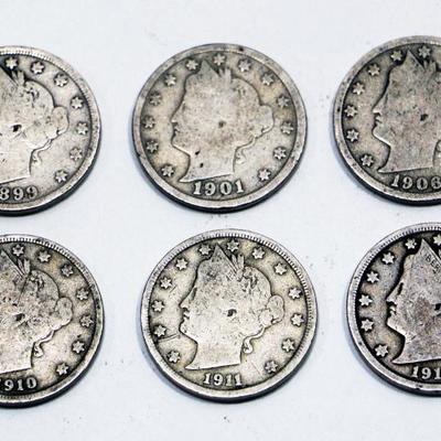 6 Liberty Head V-Nickles Coin Set - 1899-1912 - Rare American Coins Lot #501-09