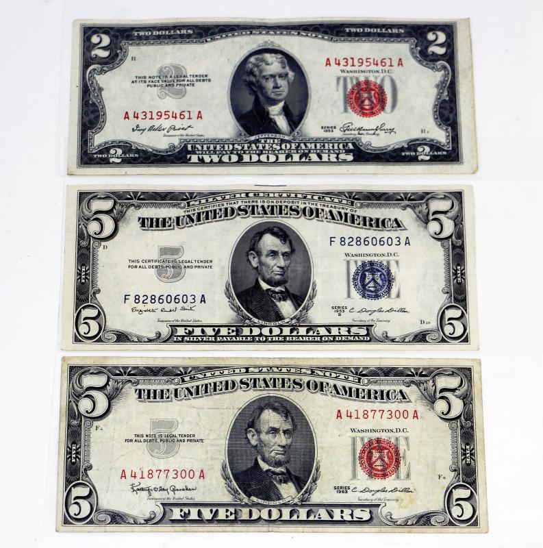 1953 $5 Silver Certificate Note   1963 Red Seal $5 Note   1963 $2 Note